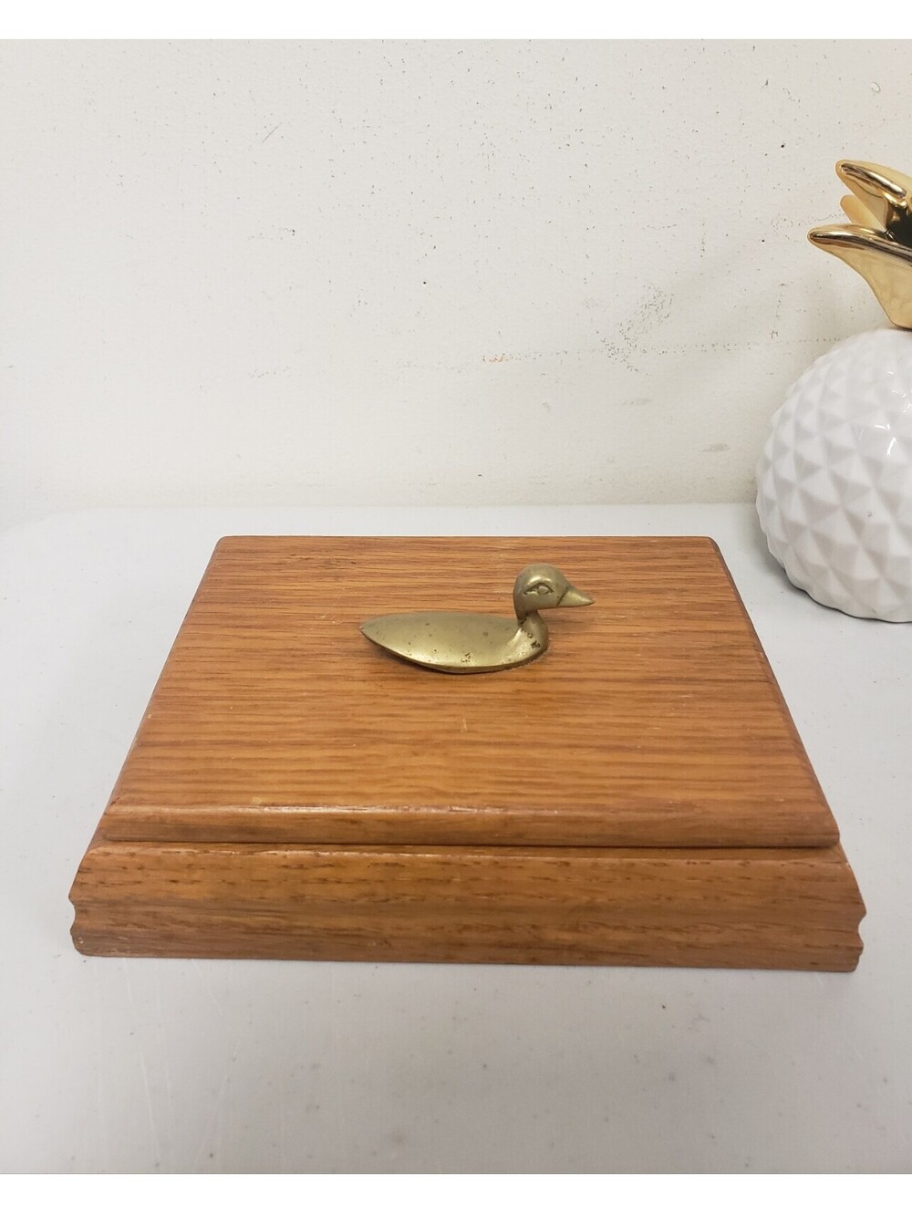 Vintage Wooden Jewelry Box with Brass Duck Ornament GC